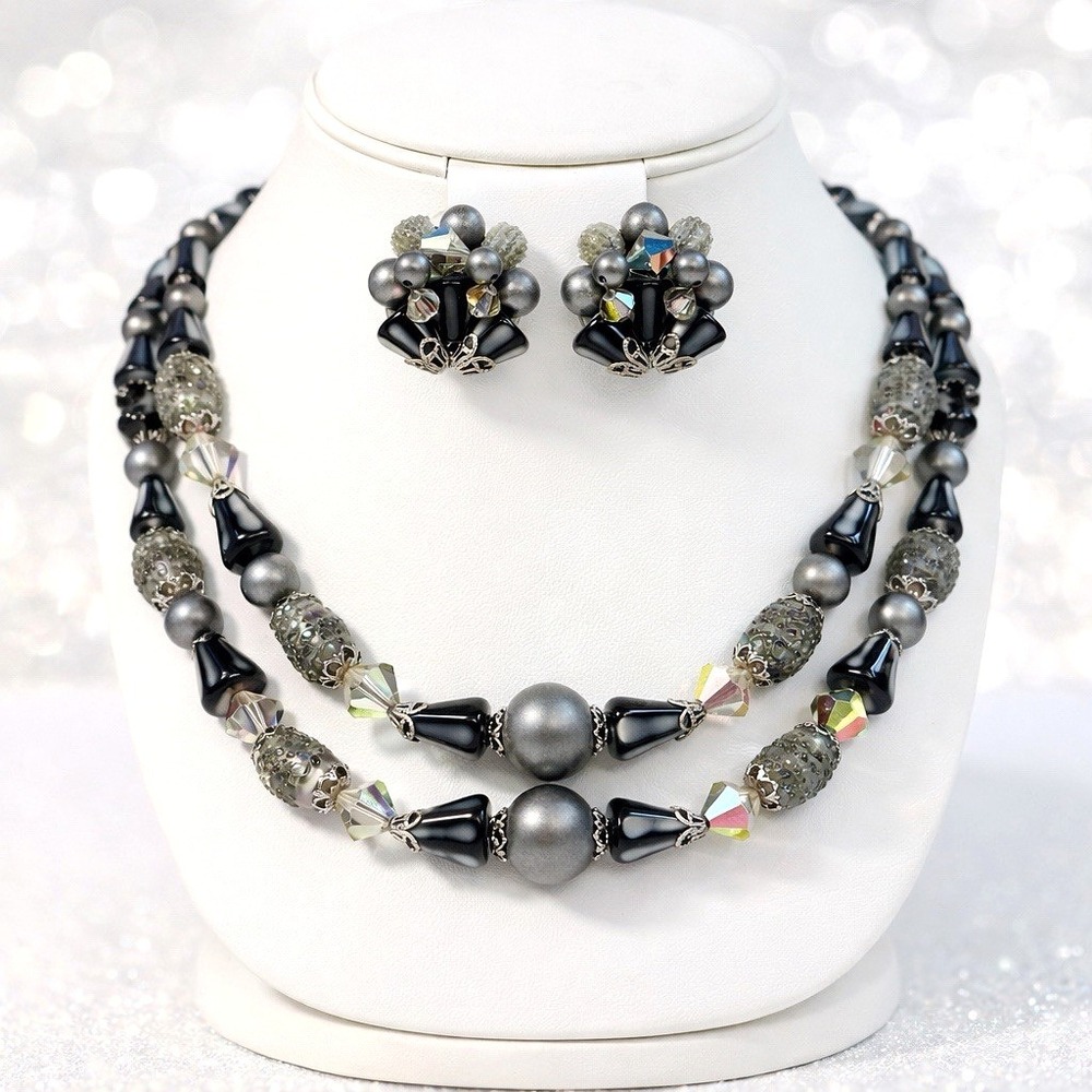 VTG Signed Art Arthur Pepper Double Strand‎ AB Crystal Bead Necklace Earring Set
